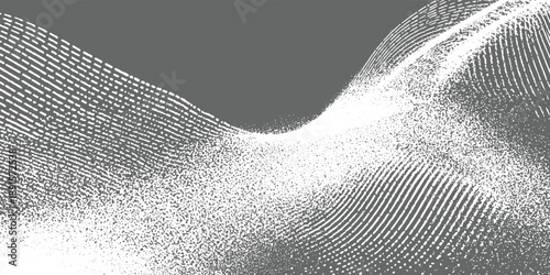 Abstract white lines and dots forming wave patterns on a grey background