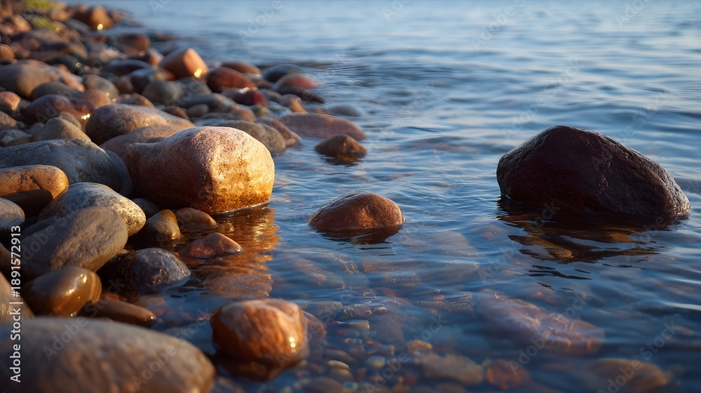 Obraz premium Smooth wet stones at the water s edge reflect warm sunlight on a peaceful shore