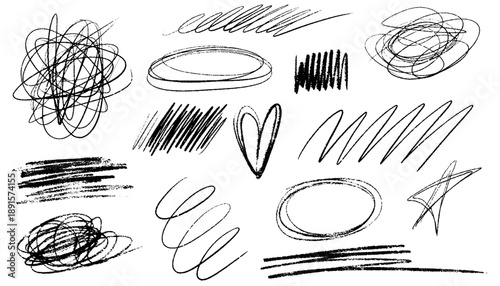 Chalk pencil scribbles, strokes and ovals set. Hand drawn charcoal curly lines, circles and squiggles. Different crayon underlines, rough round shapes, daubs. Vector black strokes with sketch texture