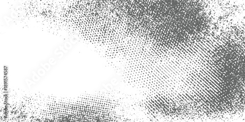 Grayscale halftone dot pattern texture with scattered speckles and diagonal lines white black