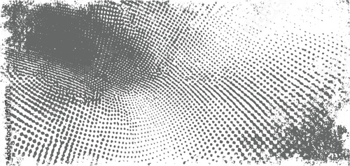 Grayscale halftone pattern with distressed edges and radial dot arrangement white dots circles