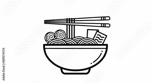 Bowl of noodles with chopsticks and toppings illustration.