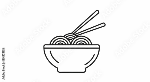 Bowl of noodles with chopsticks simple line art icon.