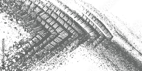 Grayscale tire track impression on a white surface with scattered debris tread pattern