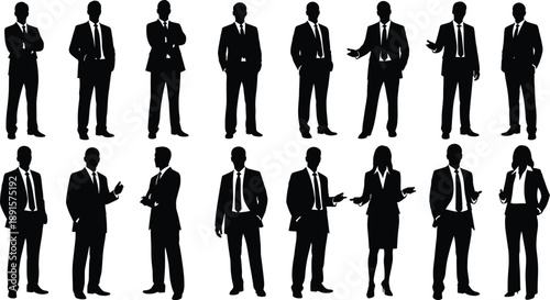 Black silhouettes of business people standing in various poses business, people, silhouettes, black, white background, standing, various poses, suits, ties, formal wear, men, woman, office workers, pr