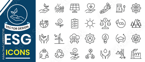ESG icon set. Environmental, Social, and Governance line icons. Set of 28 outline icons related to ESG, solar, windmill, ecology, sustainabil and more. Vector illustration.