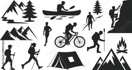 Outdoor adventure silhouette set, camping hiking climbing cycling kayaking icons, mountain nature activities, travel exploration vector collection isolated on white background