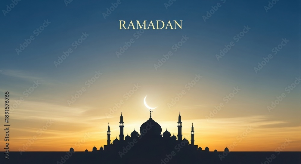 Obraz premium Ramadan greeting with mosque silhouette A serene image featuring a mosque silhouette against a vibrant sunset sky with a crescent moon, symbolizing the holy month of Ramadan.