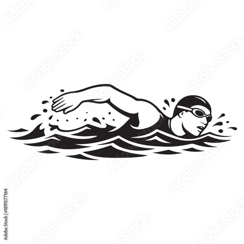 Swimmer in Motion Freestyle Stroke Water Splash Black and White.