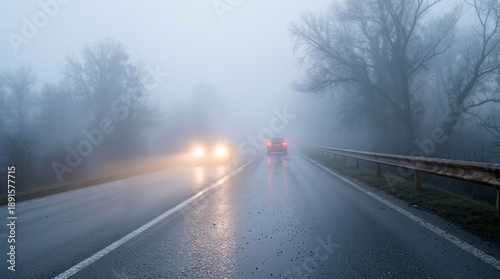Foggy road with poor visibility and cars in rainy weather  