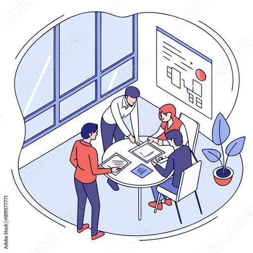 Business professionals collaborating and discussing strategy during a productive office meeting.