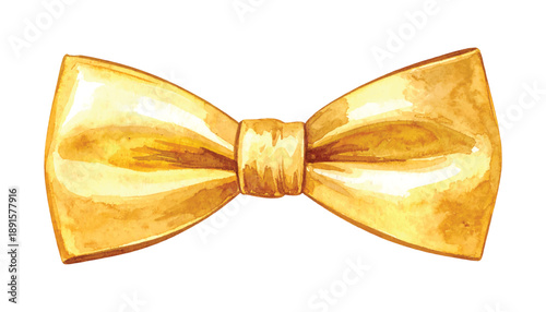 Detailed watercolor of a classic golden yellow satin bow tie on a illutrastion transparent background
