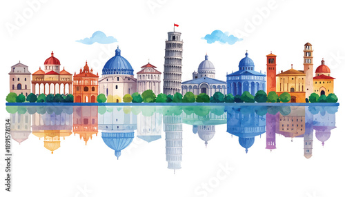 Italian city skyline watercolor with famous landmarks and illutrastion transparent background