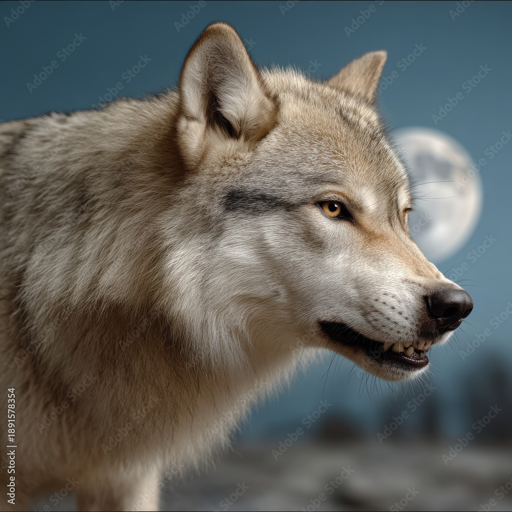 Fototapeta premium Angry wolf full moon aggressive animal wild canine sharp teeth fur night wilderness intense gaze nature