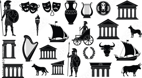 Ancient Greek Roman culture icons, warriors, temples, ships, masks, animals, musical instruments, historical silhouette illustration collection, black design, flat vector