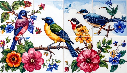 Vibrant Ceramic Tile Mural Depicting Four Colorful Birds Perched on Branches with Flowers.