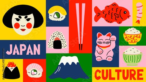 Decorative seamless pattern inspired by Japanese culture. Ramen bowls, sakura flowers, koi fish, lucky cats and paper lanterns in a soft cartoon style.