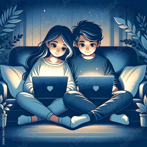 Young couple sitting together on a sofa at home using a laptop and smiling