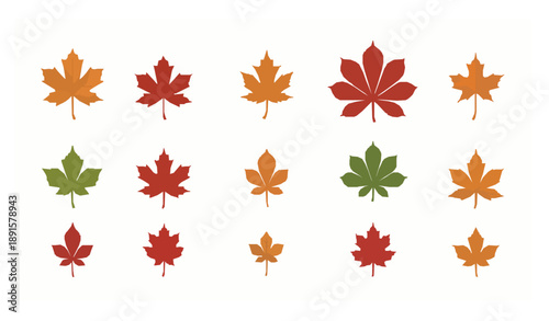 Fall foliage vector icon pack with maple and chestnut leaves in warm colors