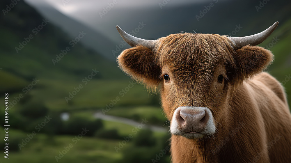 Naklejka premium Highland cow close up brown fur horn cattle mammal countryside green mountain nature calm expression