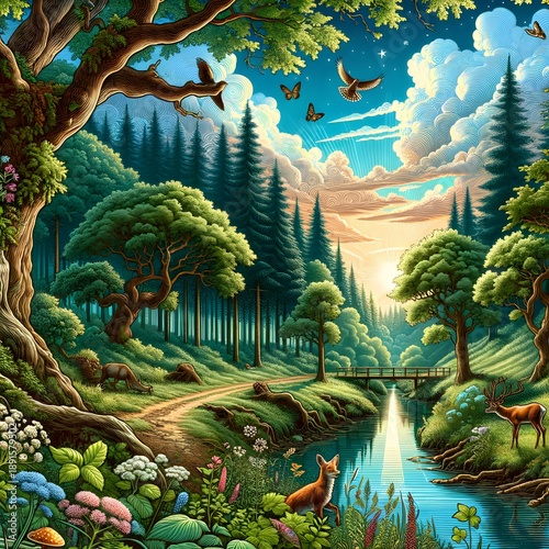 Tropical forest garden in Thailand with lush palm trees and vibrant greenery