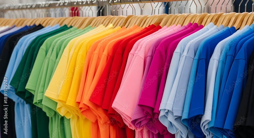 Fototapeta premium Colorful folded t-shirts on wooden hanger display in retail clothing store
