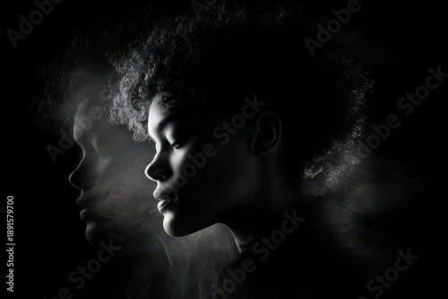 Monochrome side-profile portrait with phantom overlays: a triple-exposure study of fear and mystery