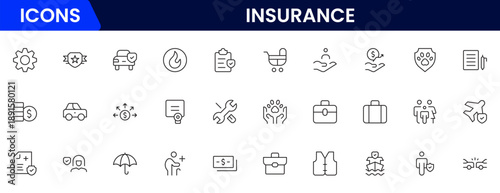 Insurance and assurance icon set. Containing healthcare medical, life, car, home, travel insurance icons.