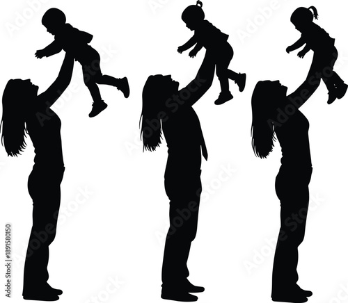Collection of Happy Mother Silhouette Vector Illustration Set, Women Lifting and Playing with Infants for Parenting Motherhood Healthcare and Early Childhood Design Template