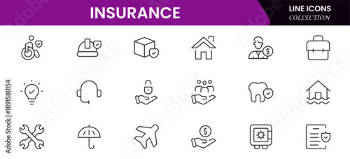 Insurance and assurance icon set. Containing healthcare medical, life, car, home, travel insurance icons.
