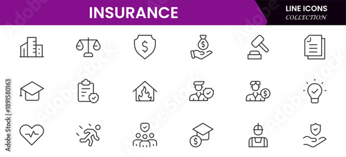 Insurance and assurance icon set. Containing healthcare medical, life, car, home, travel insurance icons.