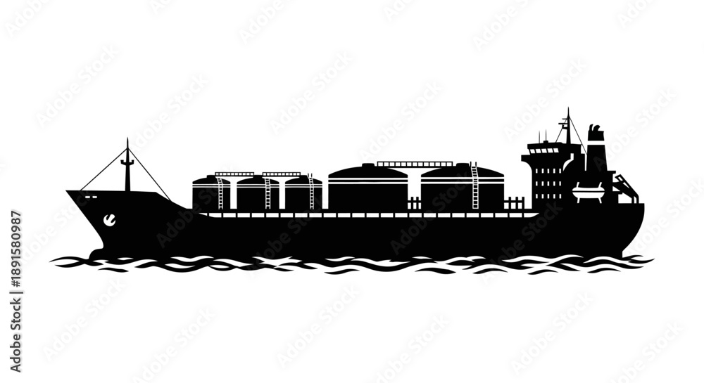 Obraz premium Black silhouette of a large cargo ship sailing on wavy water