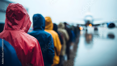Travelers wait in line for boarding at an airport during light rain in the afternoon with planes in the background