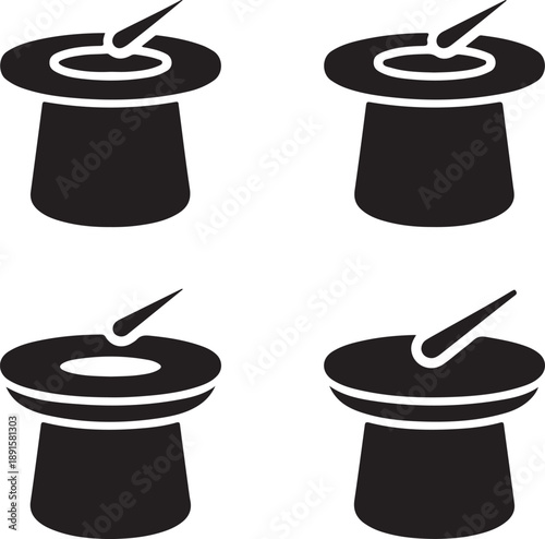 Four black top hat silhouettes with white outlines and floating handkerchiefs