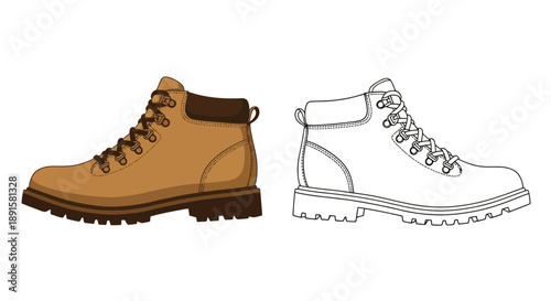 A colorful and line art depiction of a classic leather hiking boot