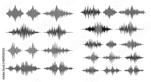 Collection of grayscale waveform graphics representing sound or audio signals