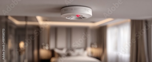 The smoke detector mounted on ceiling above cozy modern bedroom with blurred background
