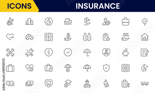 Insurance and assurance icon set. Containing healthcare medical, life, car, home, travel insurance icons.
