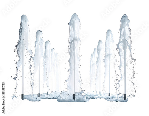 Dynamic water jets erupting from a modern fountain against a black background
