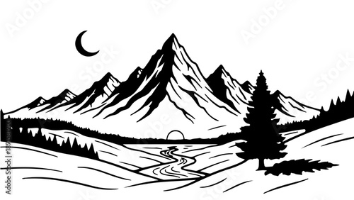 A serene mountain landscape at night with a crescent moon and a winding road leading to a peaceful village