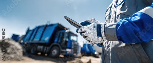 The sanitation worker using a tablet near garbage trucks at a landfill site