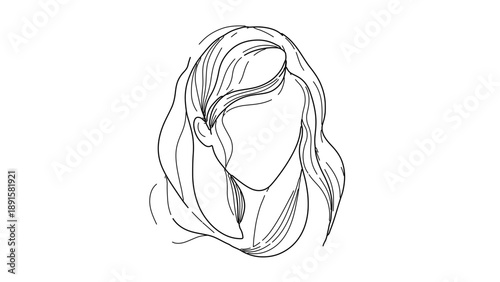 A minimalist line art illustration of a woman's face with long hair and a simple necklace