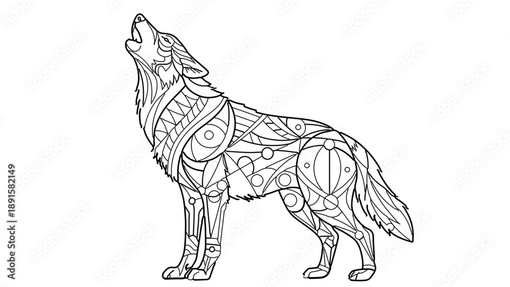 Fototapeta premium A stylized wolf illustration with intricate tribal patterns and designs, set against a clean white background.