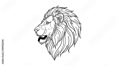 A minimalist line art illustration of a lion's head in profile, showcasing its majestic mane and fierce expression.
