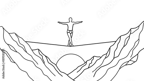 A minimalist line art illustration of a person standing on a cliff edge with arms outstretched