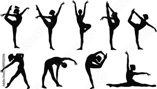 Black silhouettes of female dancers performing various ballet poses and stretches