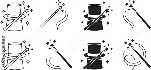 Black and white illustrations of magic wands and top hats with stars and sparkles