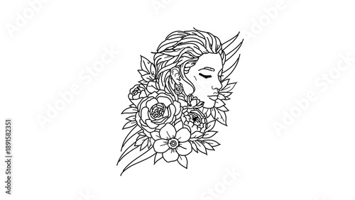 A minimalist line art illustration of a woman's face surrounded by flowers and leaves in a delicate, elegant design
