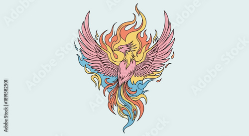 Colorful phoenix rising with vibrant flames and feathers illustration.