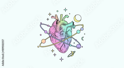 Colorful artistic illustration of a human heart surrounded by planets and stars.